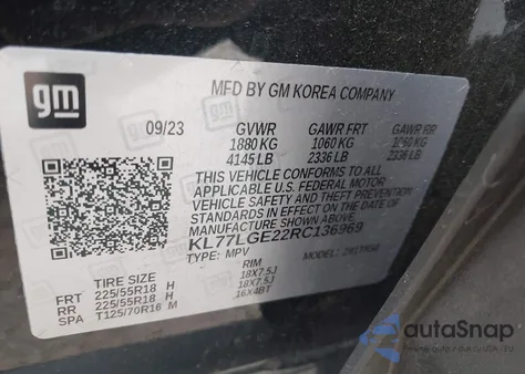 2024 Chevrolet Trax Fwd 1Rs из США, поврежденный, VIN KL77LGE22RC136969